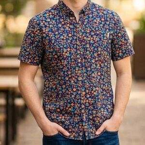Dravus 100% Cotton Short Sleeve Button Shirt Navy Orange Retro Ditsy Floral Y2K